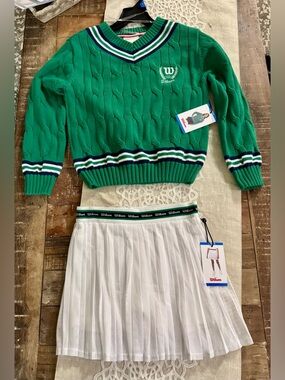 Wilson Girls Size 10-12  Set Green Cable Knit Sweater White Pleated Skirt NWT